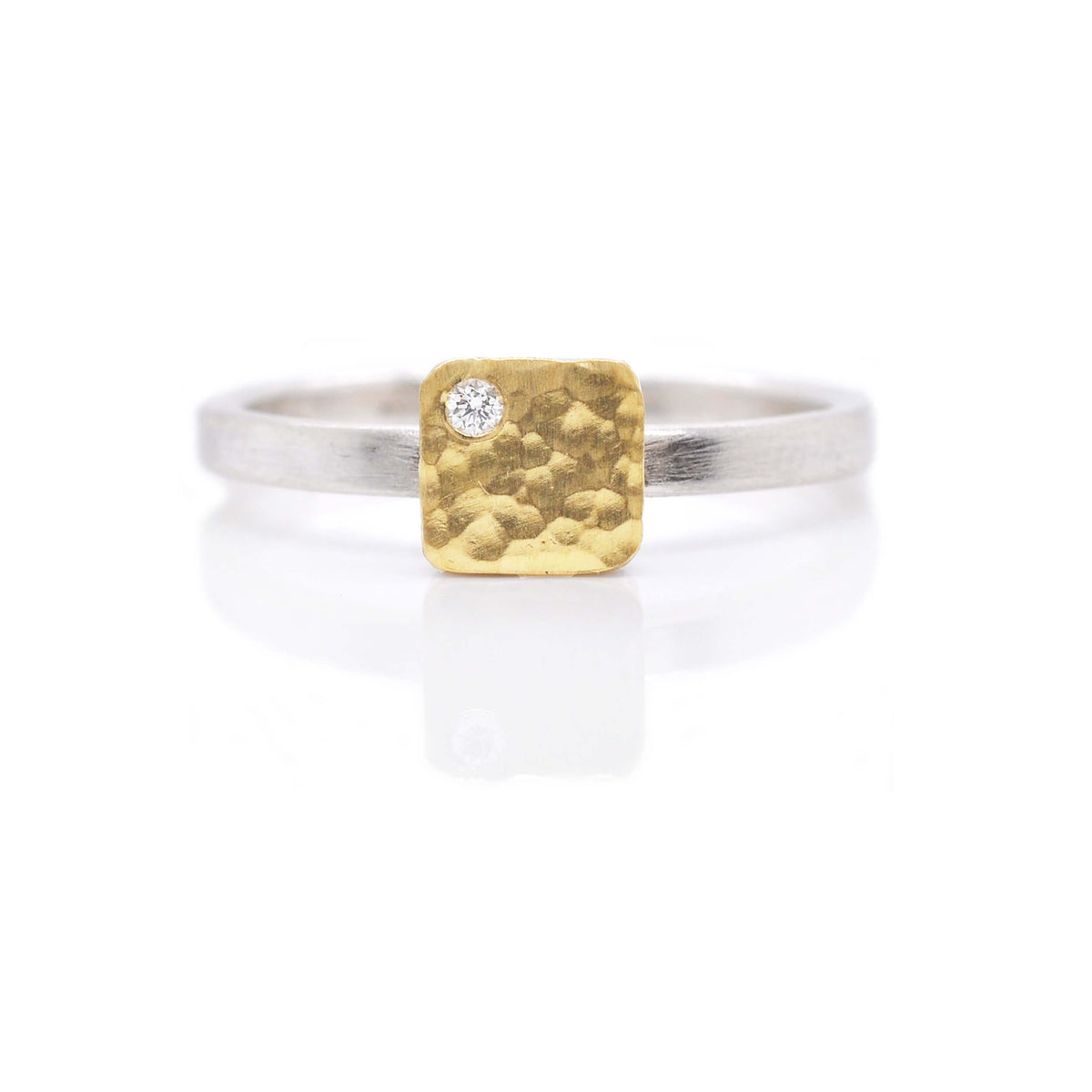 Hammered yellow gold and sterling silver cell ring with white diamond accent. Handmade by EC Design Jewelry in Minneapolis, MN.