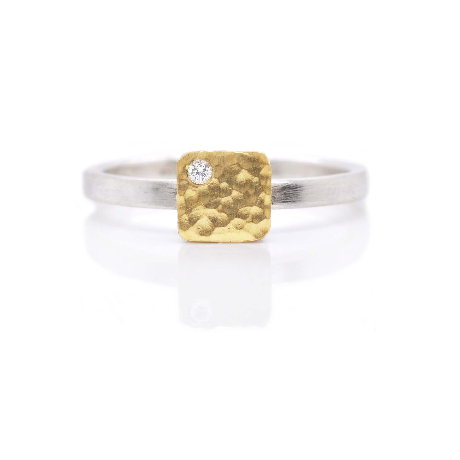 Hammered yellow gold and sterling silver cell ring with white diamond accent. Handmade by EC Design Jewelry in Minneapolis, MN.