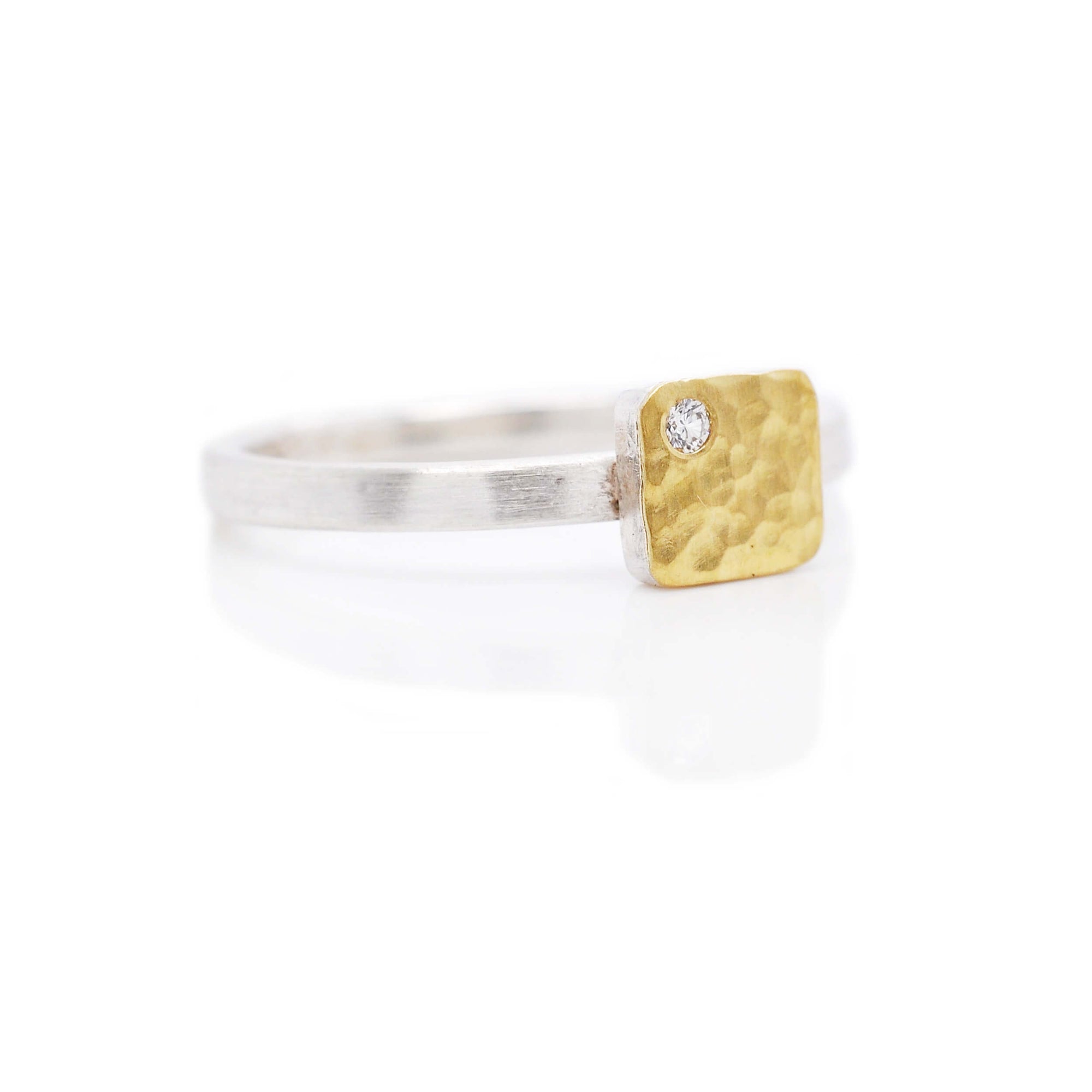 Hammered yellow gold and sterling silver cell ring with white diamond accent. Handmade by EC Design Jewelry in Minneapolis, MN.