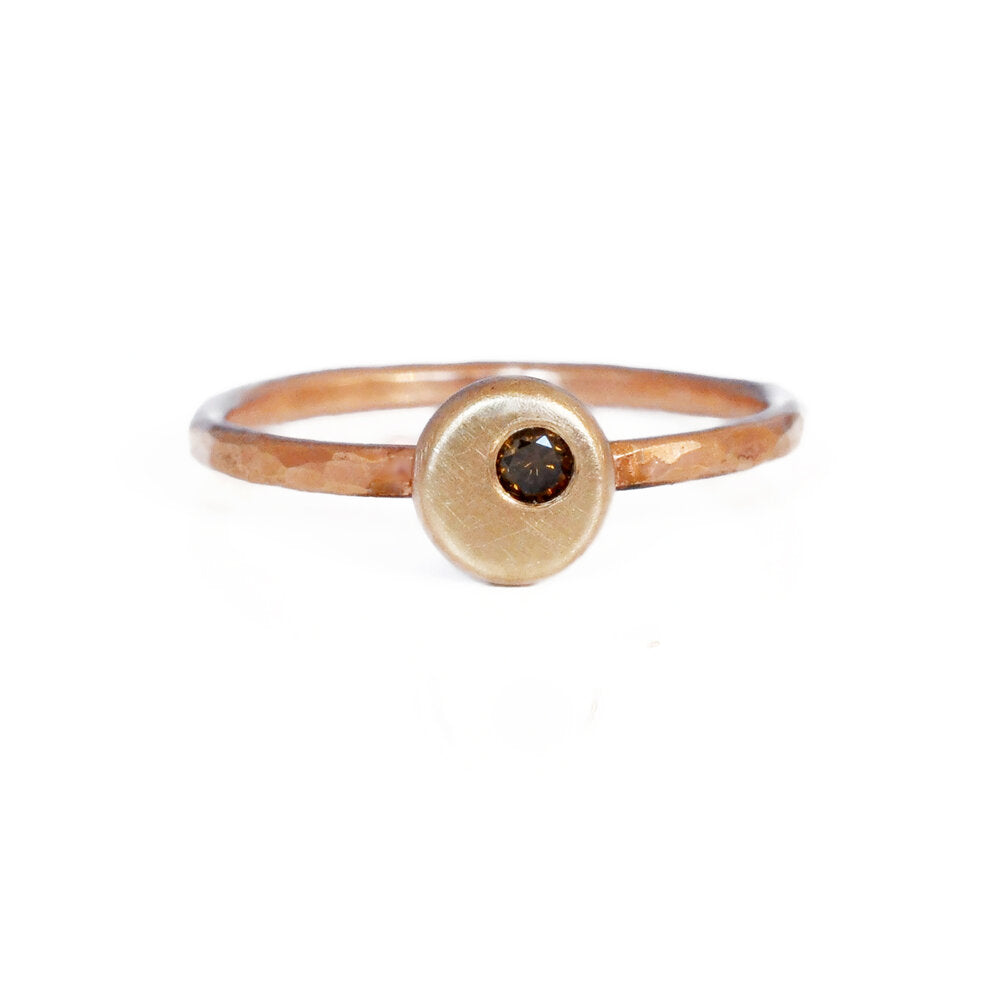 Cognac diamond set in 14k yellow gold on a hammered red gold band. Handmade by EC Design Studio in Minneapolis, MN using recycled metal and conflict-free stone.