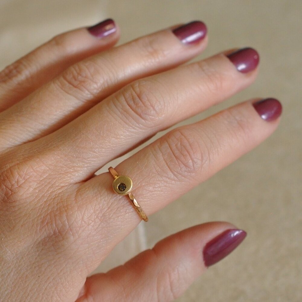 Cognac diamond set in 14k yellow gold on a hammered red gold band. Handmade by EC Design Studio in Minneapolis, MN using recycled metal and conflict-free stone.