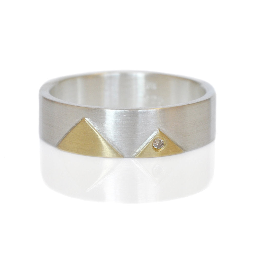 Sterling silver and yellow gold pyramid band with diamond accent. Handmade by EC Design Jewelry in Minneapolis, MN using recycled metal and conflict-free stone.