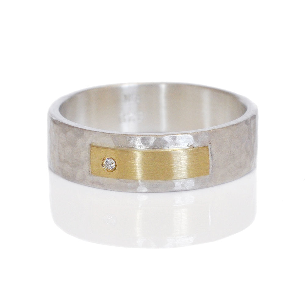 Hammered sterling silver band with yellow gold and diamond accent. Handmade by EC Design in Minneapolis, MN using recycled metal and conflict-free stone.