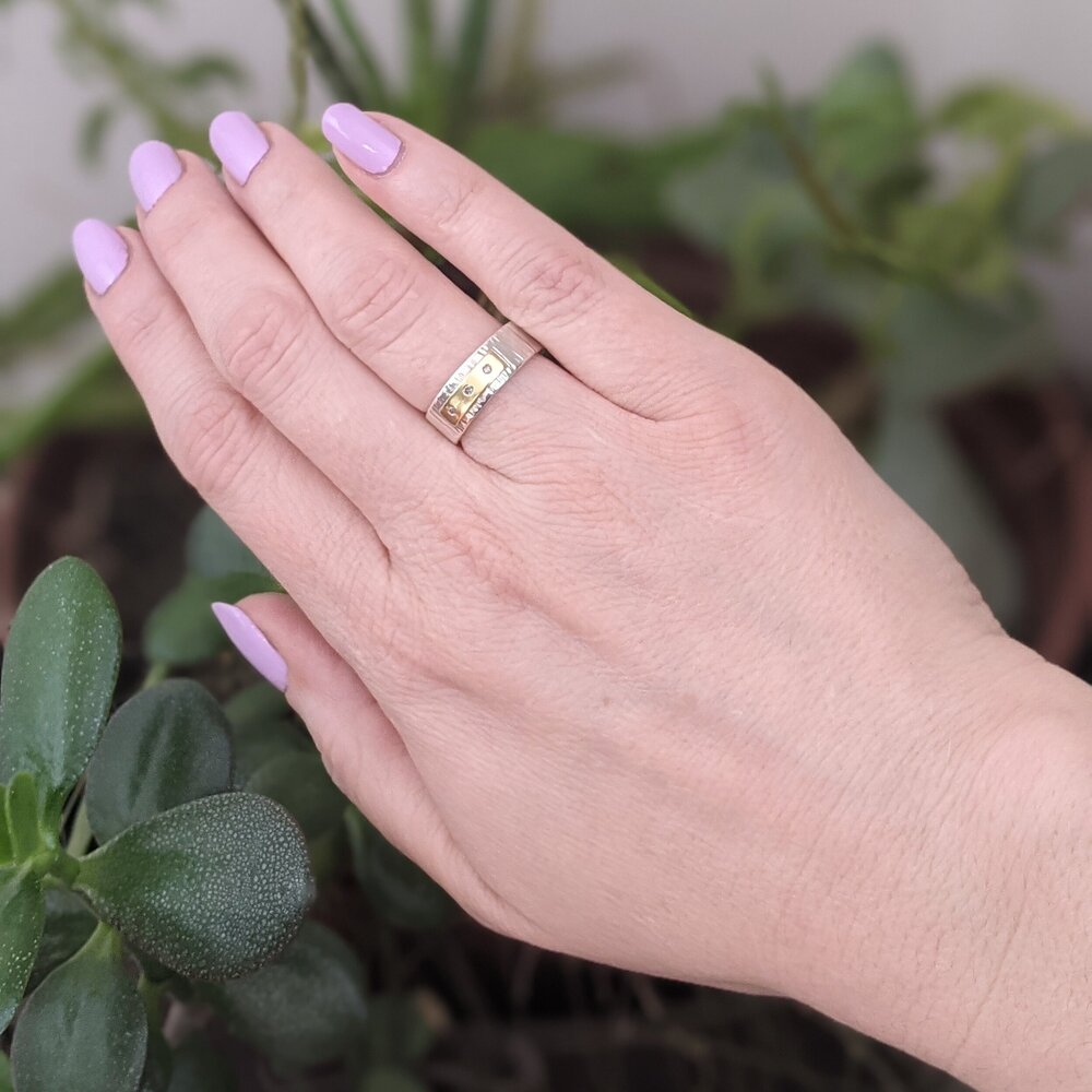 Sterling silver and yellow gold cell band with champagne diamond accent. Handmade by EC Design Jewelry in Minneapolis, MN using recycled metal and conflict-free stone.