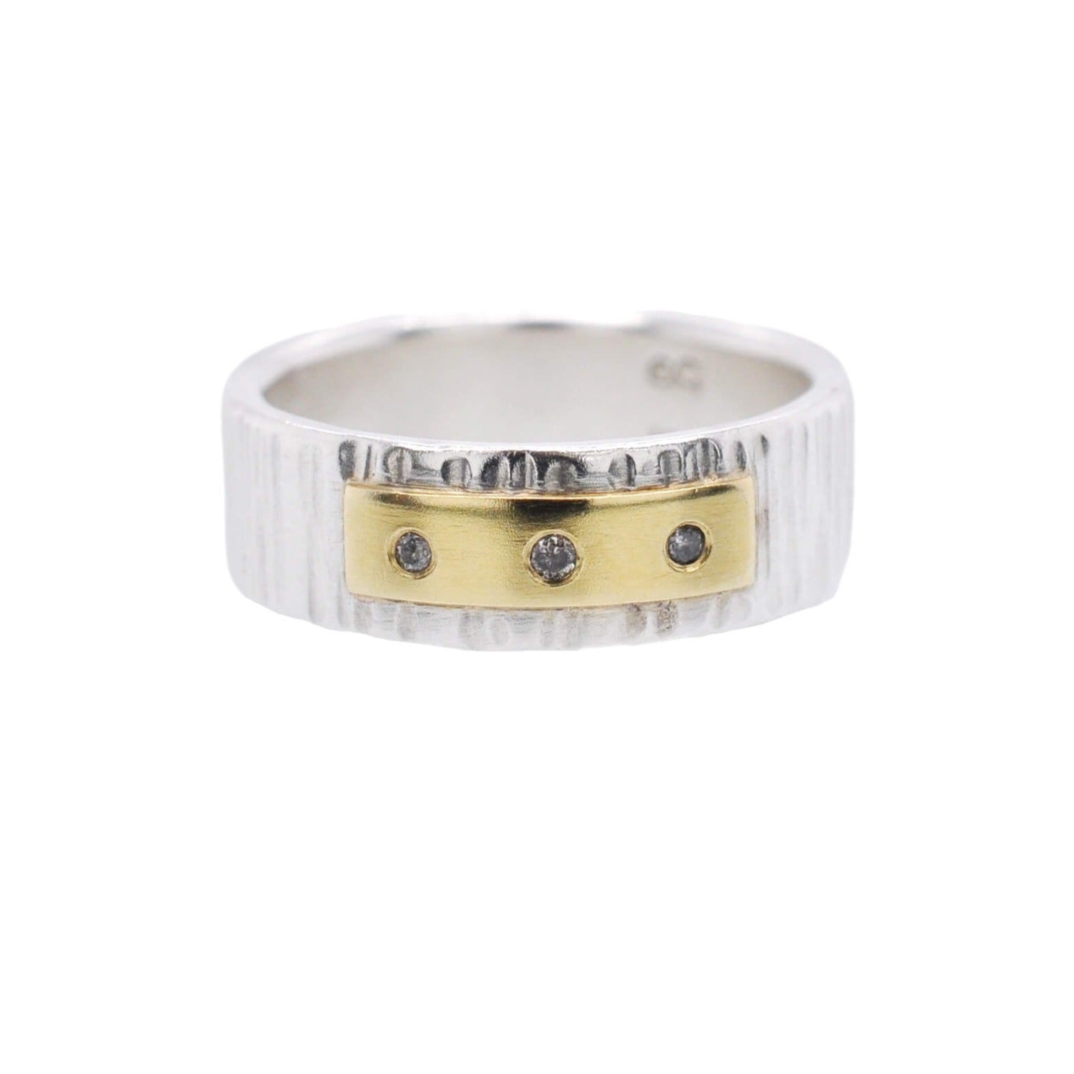 Sterling silver and yellow gold cell band with champagne diamond accent. Handmade by EC Design Jewelry in Minneapolis, MN using recycled metal and conflict-free stone.