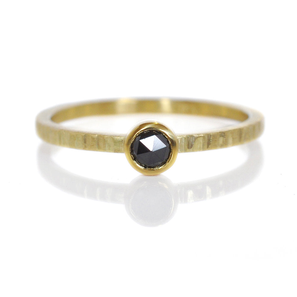 Black Rose Cut Diamond Ring in Linear Hammered Yellow Gold