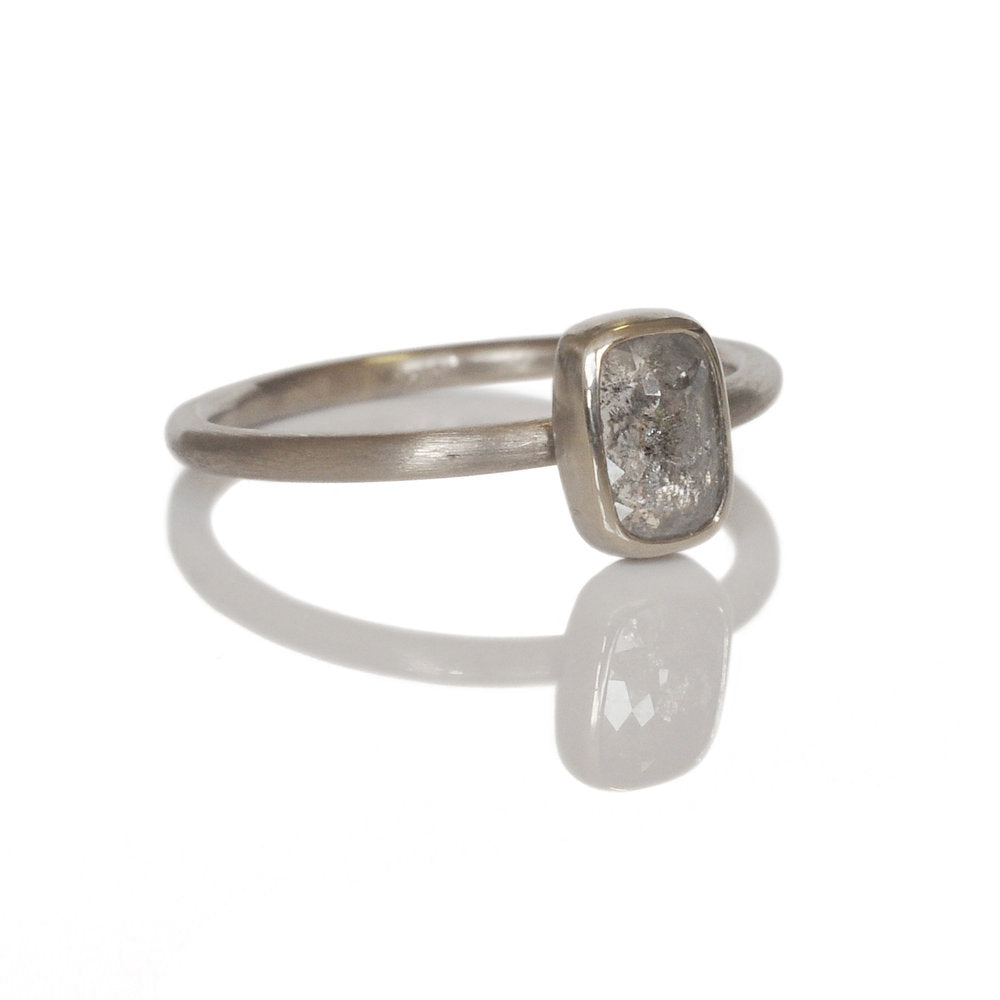 Icy rose cut rectangle white diamond set in gray gold. Handmade by EC Design Jewelry in Minneapolis, MN using recycled metal and conflict-free stone.