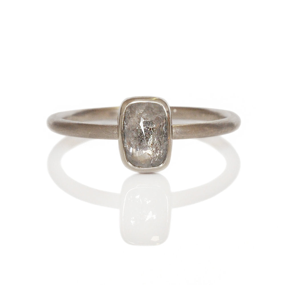 Icy rose cut rectangle white diamond set in gray gold. Handmade by EC Design Jewelry in Minneapolis, MN using recycled metal and conflict-free stone.