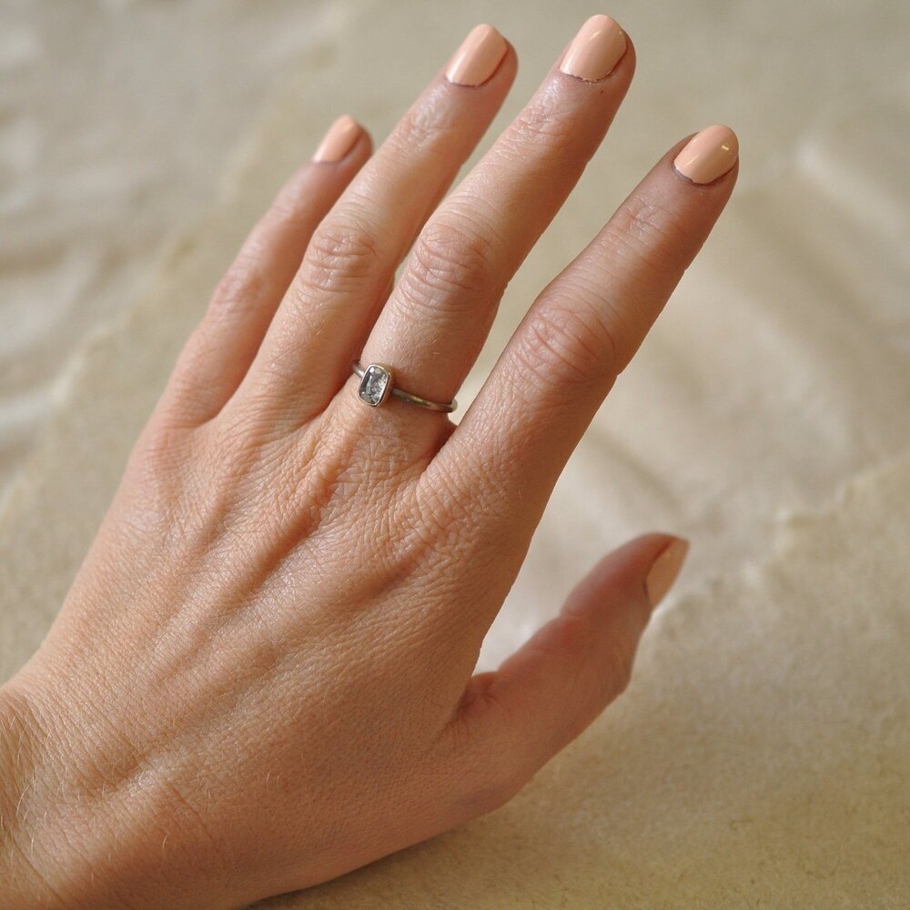 Rose cut ice diamond and gray gold engagement ring. Handmade by EC Design Jewelry in Minneapolis, MN.