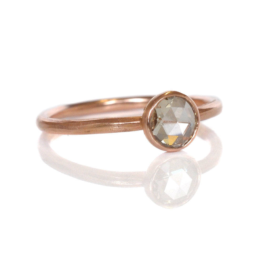 Rose cut champagne diamond solitaire in satin finished rose gold. Handmade by EC Design Jewelry in Minneapolis, MN using recycled metal and conflict-free stone.