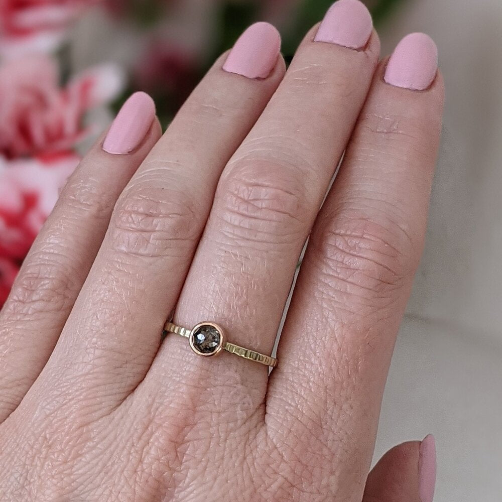 Chocolate rose cut diamond in green and red gold. Handmade by EC Design Studio in Minneapolis, MN using recycled metal and conflict-free stone.