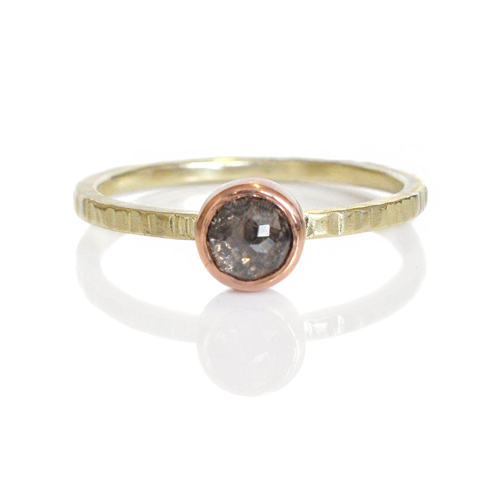 Chocolate rose cut diamond in green and red gold. Handmade by EC Design Studio in Minneapolis, MN using recycled metal and conflict-free stone.