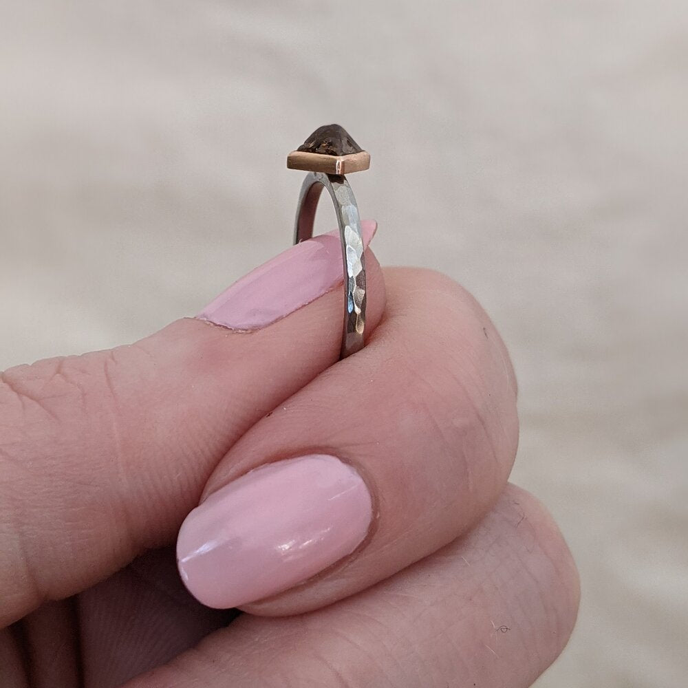 Alternative raw diamond engagement ring in red gold and palladium. Handmade by EC Design Jewelry in Minneapolis, MN using recycled metal and conflict-free stone.