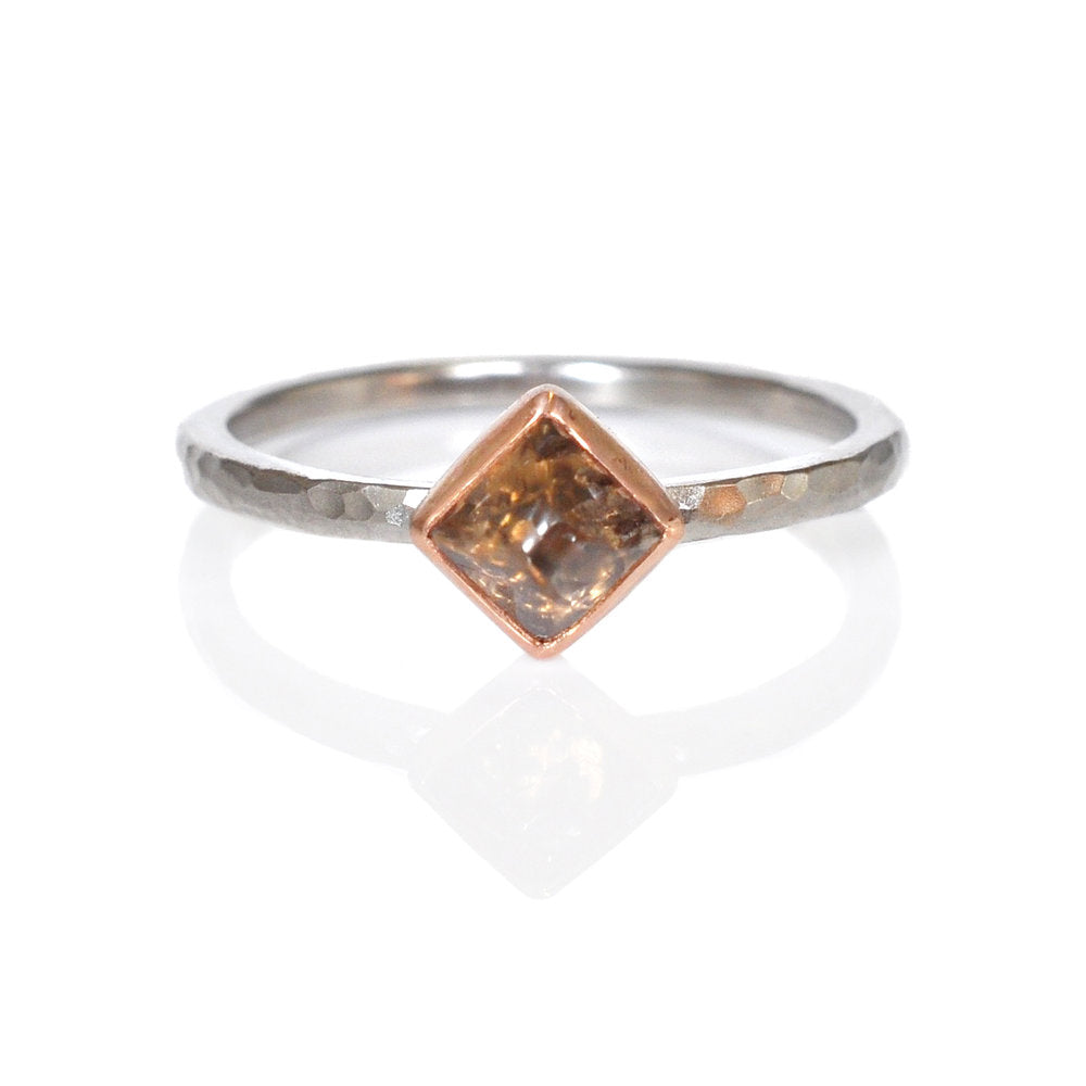 Raw Champagne Diamond Ring in Palladium and Rose Gold