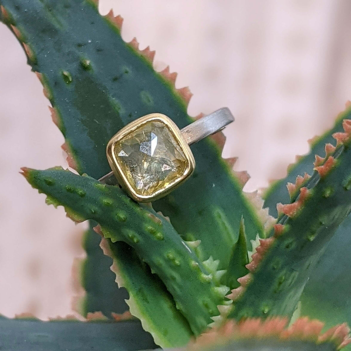 Square yellow diamond in yellow gold and palladium. Handmade alternative engagement ring created by EC Design Jewelry in Minneapolis, MN.