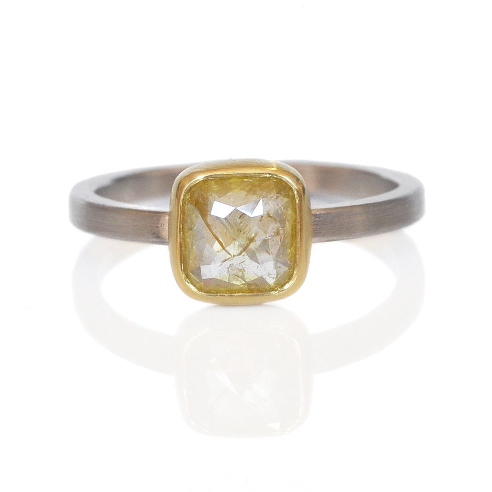 Square yellow diamond in yellow gold and palladium. Handmade alternative engagement ring created by EC Design Jewelry in Minneapolis, MN.