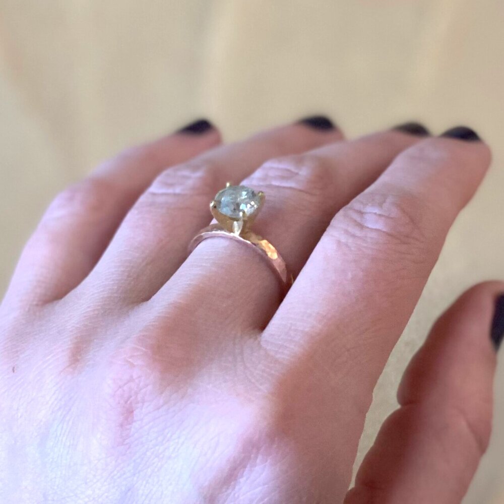 Handmade hammered red gold and diamond engagement ring. Made by EC Design Studio in Minneapolis, MN using recycled metal and conflict-free stone.