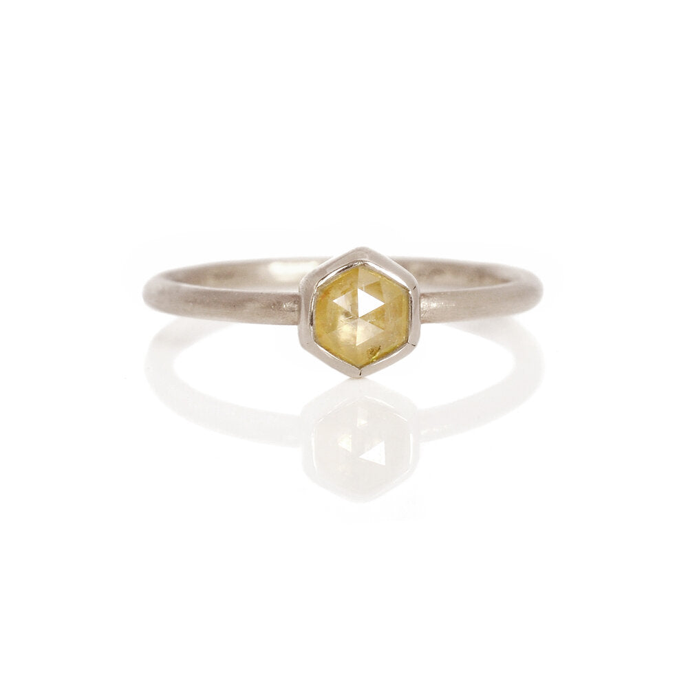 Hexagonal yellow rose cut diamond set in palladium white gold. Handmade in Minneapolis, MN by EC Design with a conflict-free stone and recycled metal.