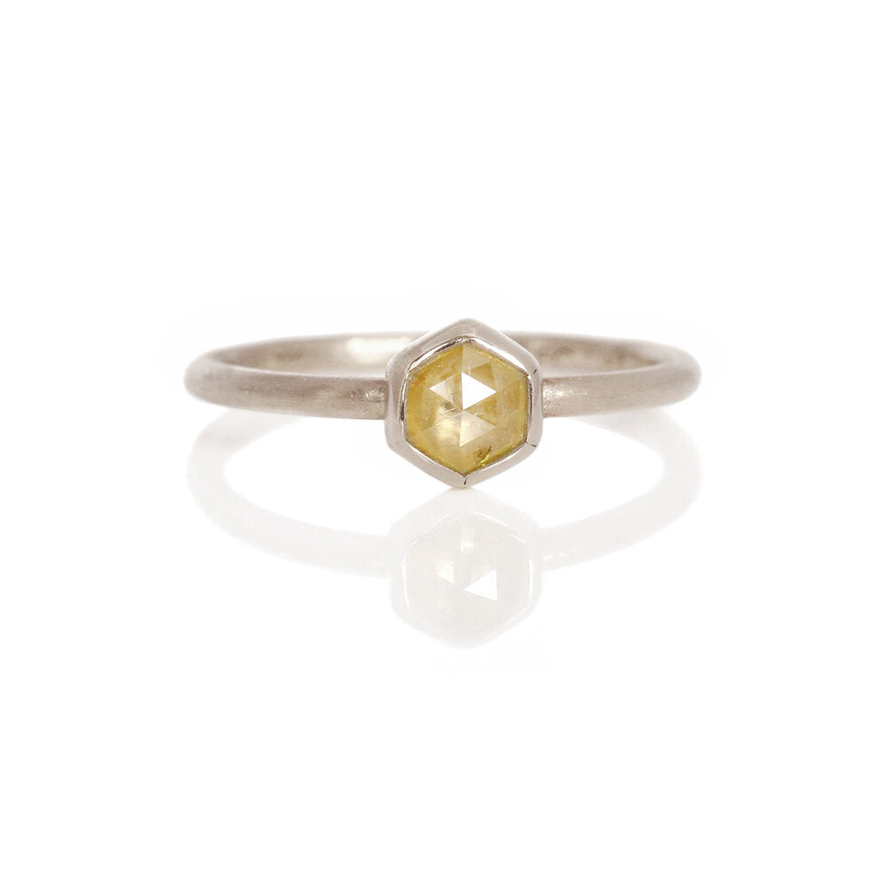 Hexagon Rose Cut Yellow Diamond Ring in Palladium