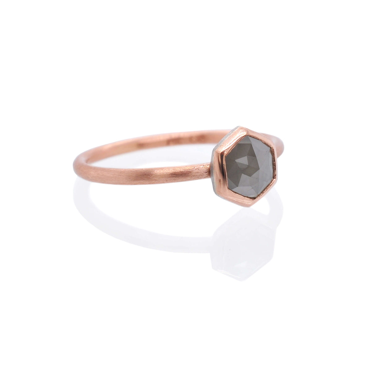 Handmade hexagonal diamond engagement ring in recycled rose gold. Created by EC Design Jewelry in Minneapolis, MN.