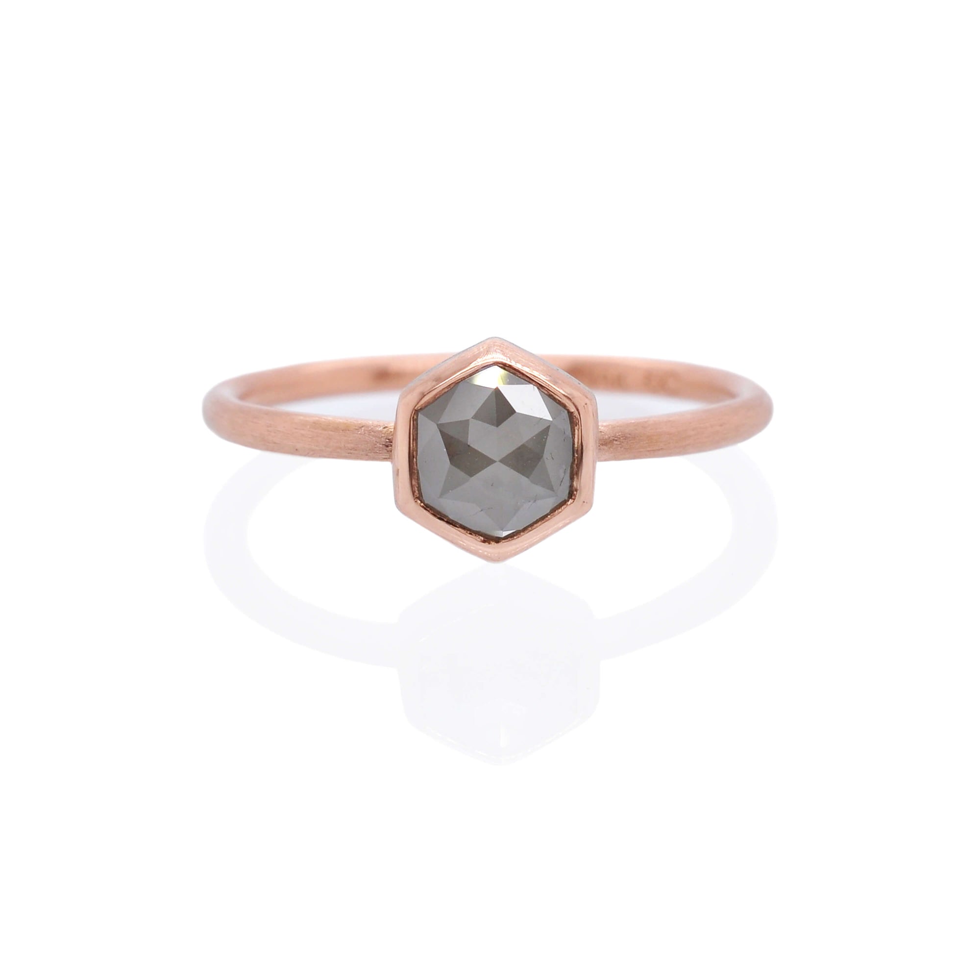 Gray rose cut hexagonal diamond in satin rose gold. Handmade by EC Design Jewelry in Minneapolis, MN using recycled metal and conflict-free stone.