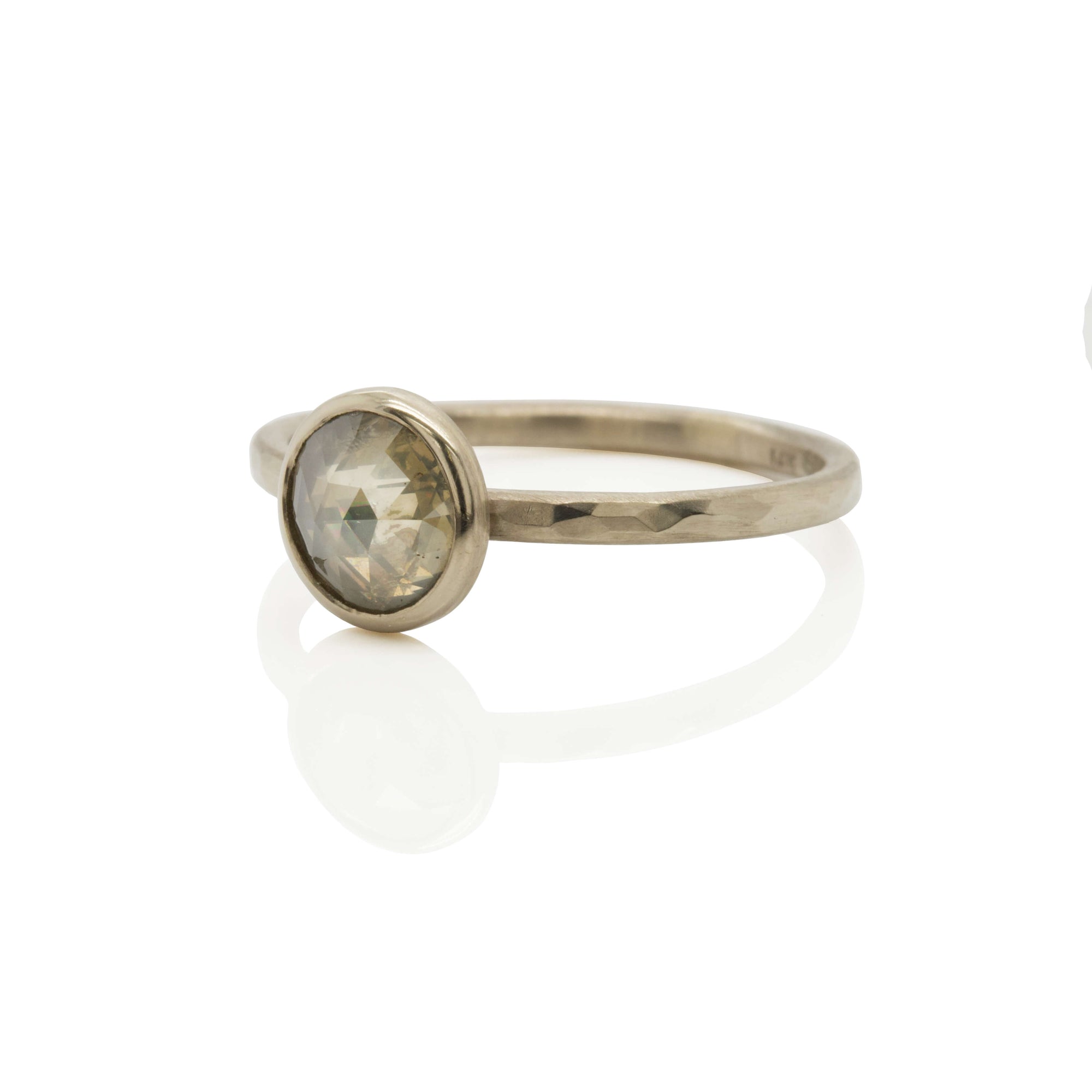 Champagne rose cut diamond engagement ring in palladium white gold.