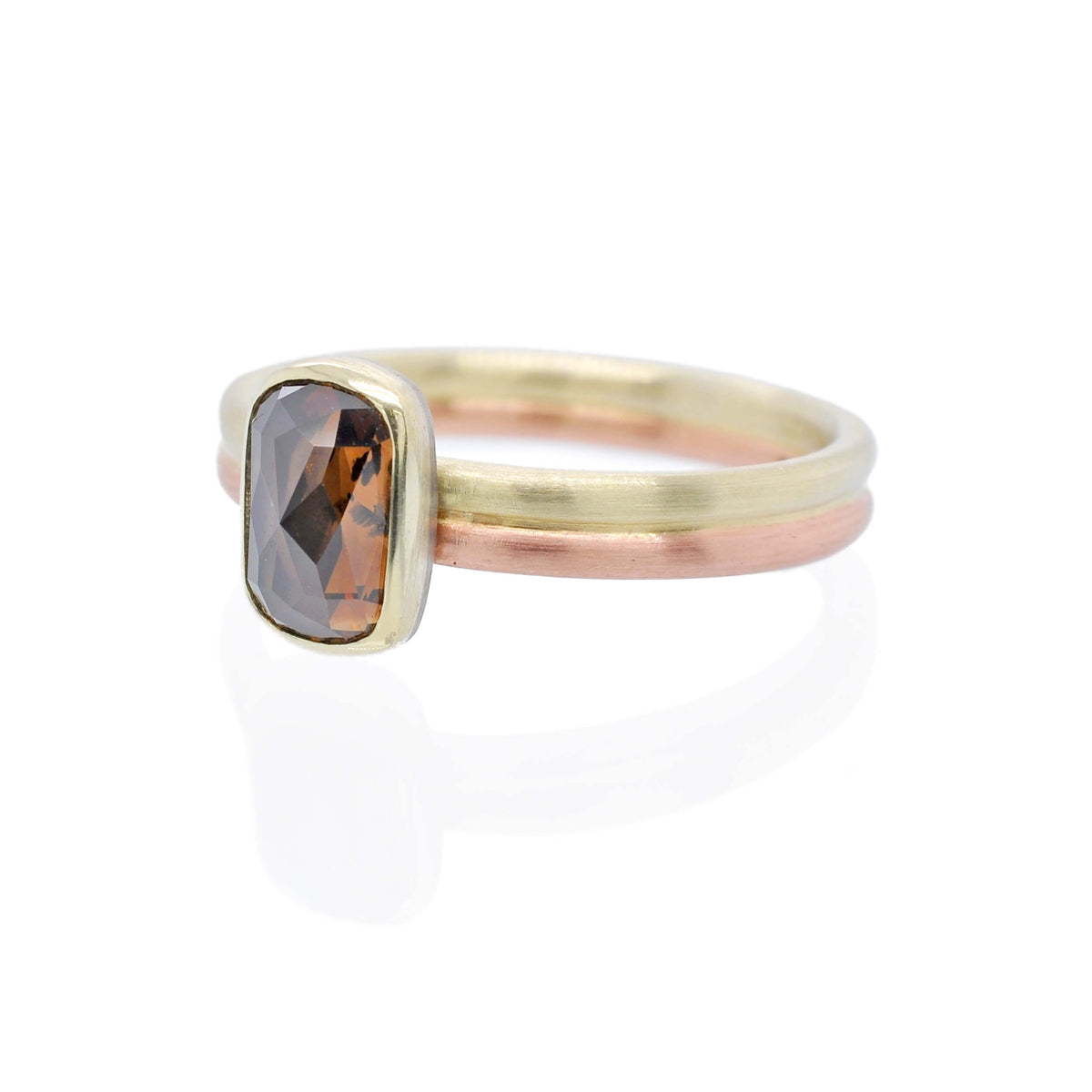 Modern engagement ring with a rose cut champagne diamond on a dual band of rose gold and yellow gold. Handmade with recycled metal and conflict-free stone. Ethically crafted by EC Design Jewelry in Minneapolis, MN.
