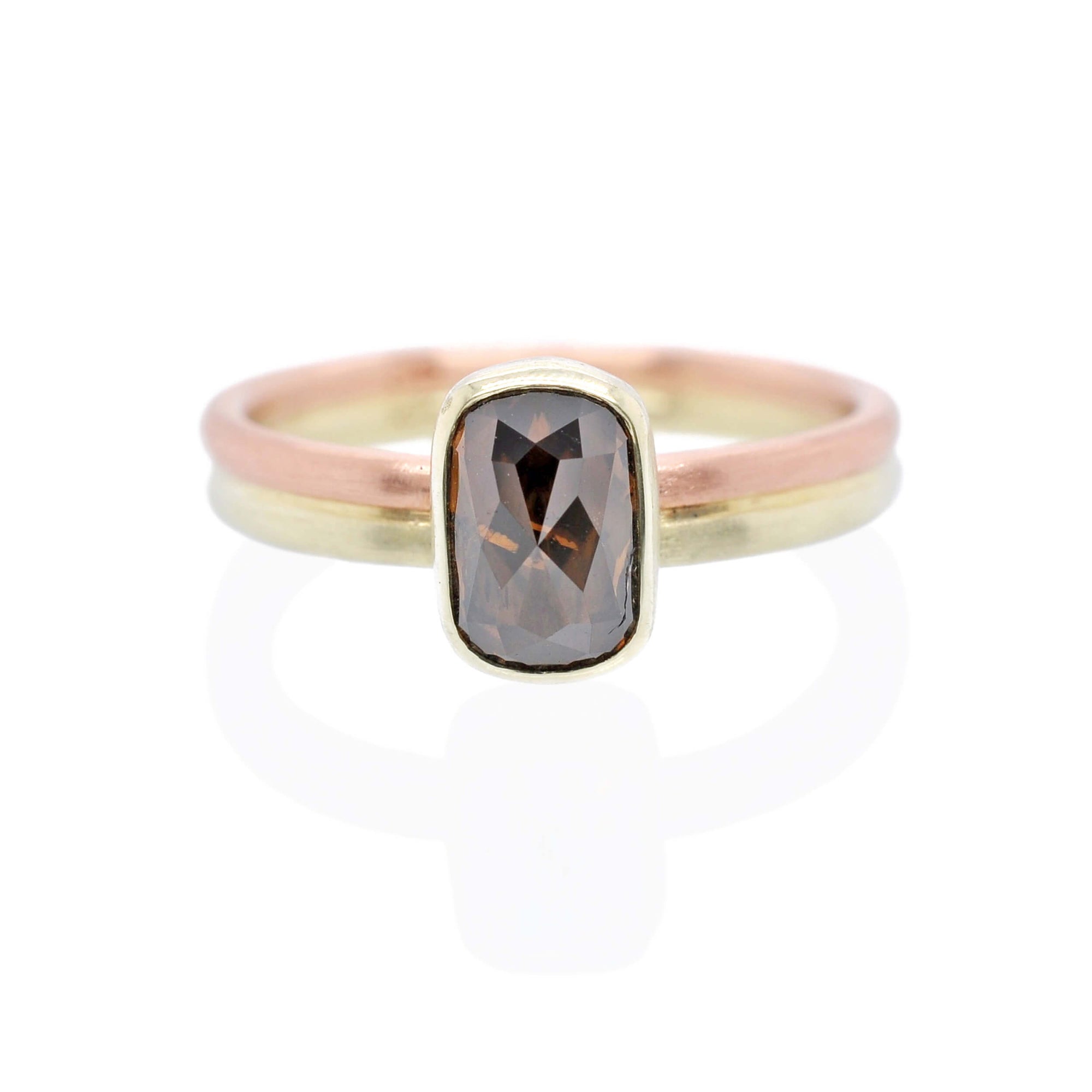 Modern engagement ring with a rose cut champagne diamond on a dual band of rose gold and yellow gold. Handmade with recycled metal and conflict-free stone. Ethically crafted by EC Design Jewelry in Minneapolis, MN.