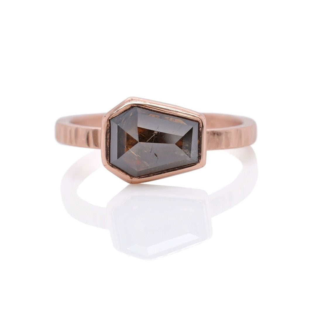 Coffin shaped cognac diamond on a linear hammered rose gold band. Handmade with recycled metal and conflict-free stone.