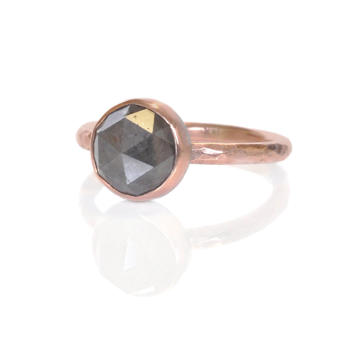 Gray rose cut diamond and red gold solitaire ring. Handmade with recycled metal and conflict-free stone.