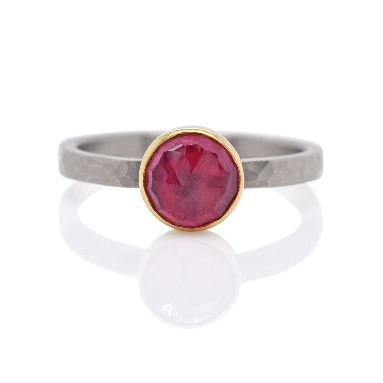Pink rose cut sapphire ring in palladium and yellow gold. Handmade by EC Design Jewelry in Minneapolis, MN.