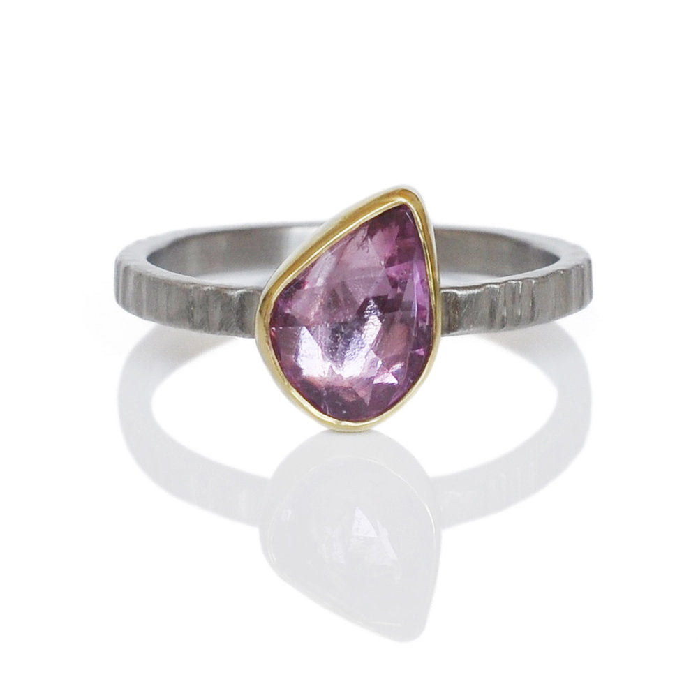 Organic rose cut pink sapphire ring in yellow gold and palladium. Handmade by EC Design in Minneapolis, MN using recycled metal and conflict-free stone.