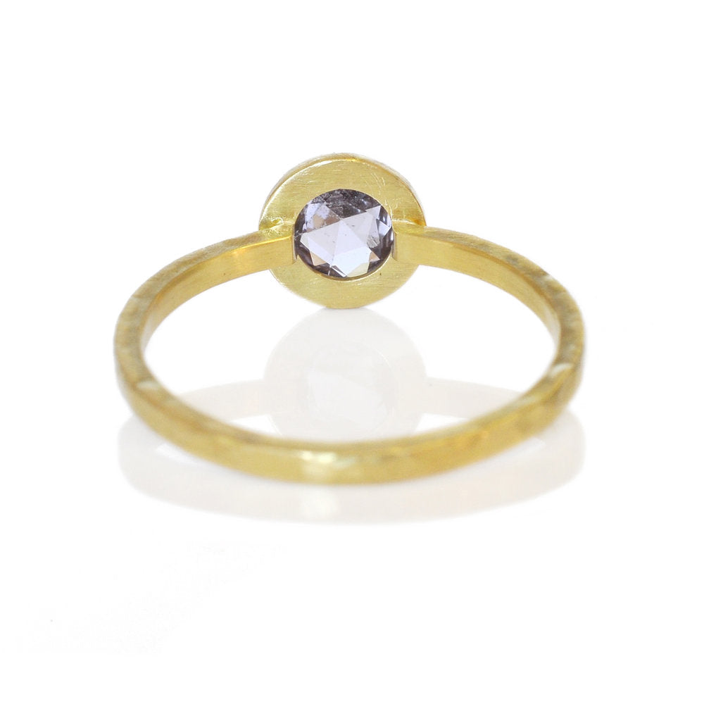 Open back and split shank of a yellow gold ring with a light purple rose cut sapphire. Handmade by EC Design Jewelry in Minneapolis, MN.