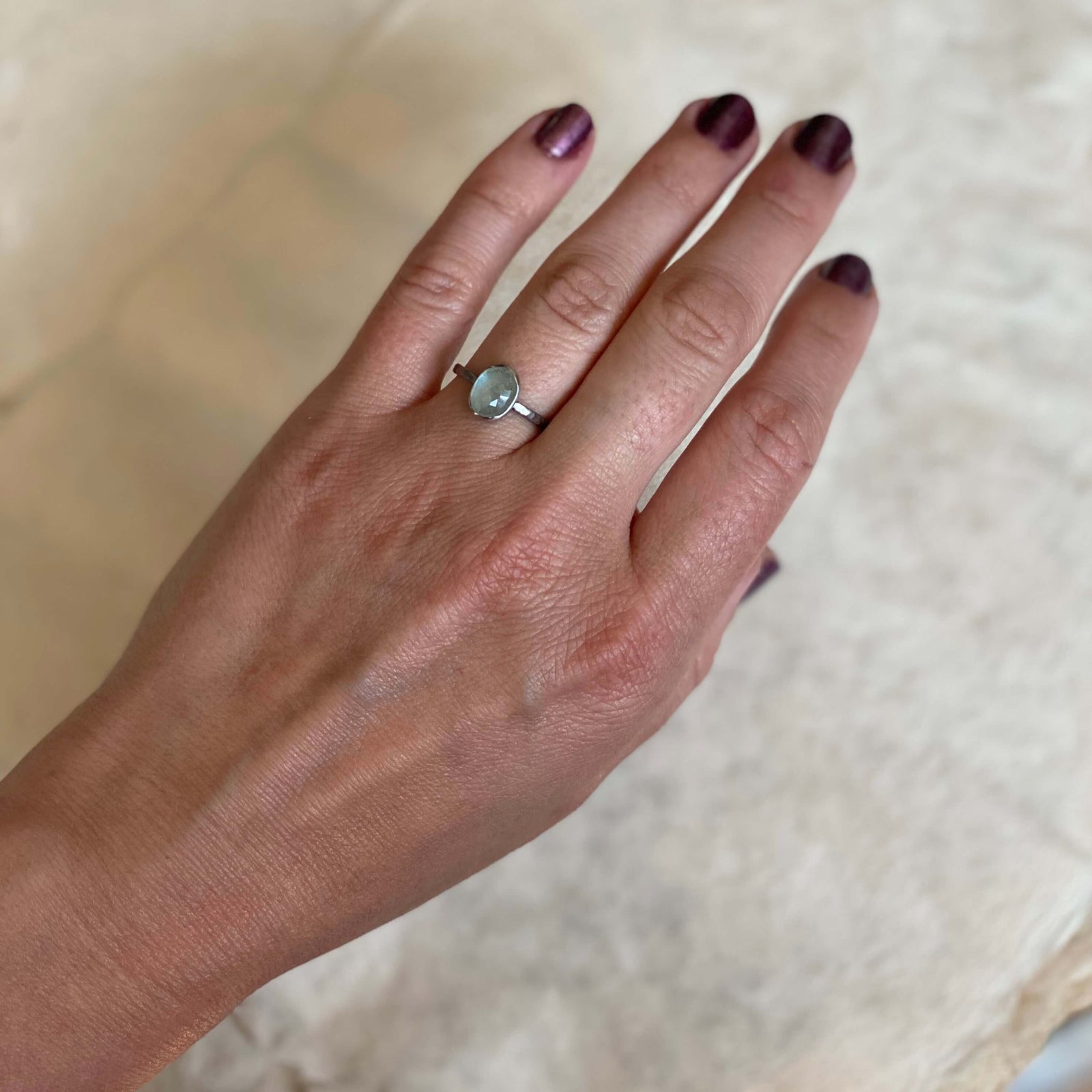 Gray rose cut sapphire in 500 palladium. Handmade by EC Design Jewelry in Minneapolis, MN using recycled metal and conflict-free stone.