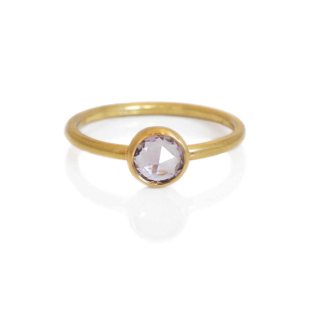 Light pink-purple rose cut sapphire bezel set in yellow gold. Handmade with recycled metal and conflict-free stone by EC Design Jewelry in Minneapolis, MN.