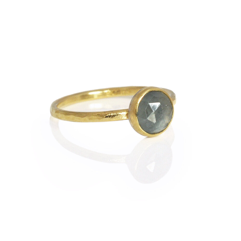 Blue rose cut sapphire ring in 18k yellow gold. Handmade with recycled metal and conflict-free stone by EC Design in Minneapolis, MN.