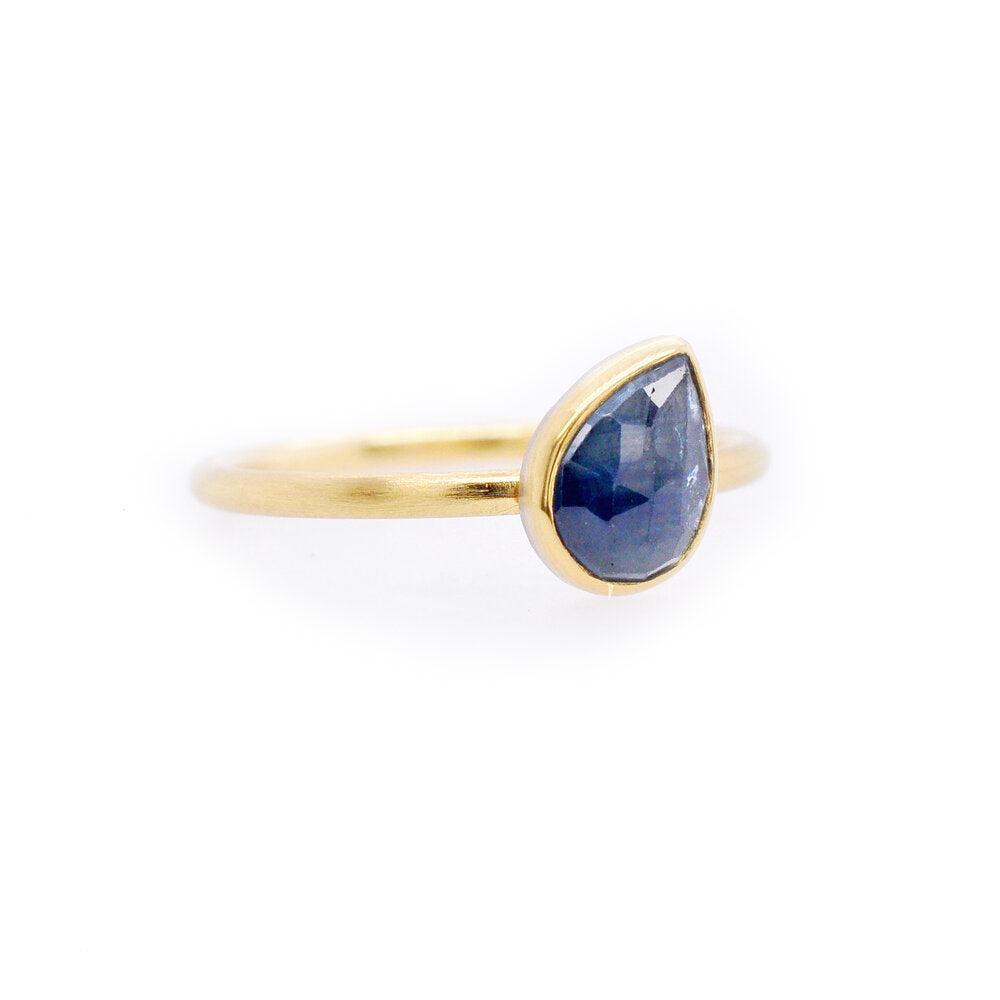 Blue rose cut sapphire in 18k yellow gold. Handmade by EC Design Jewelry in Minneapolis, MN using recycled metal and conflict-free stone.