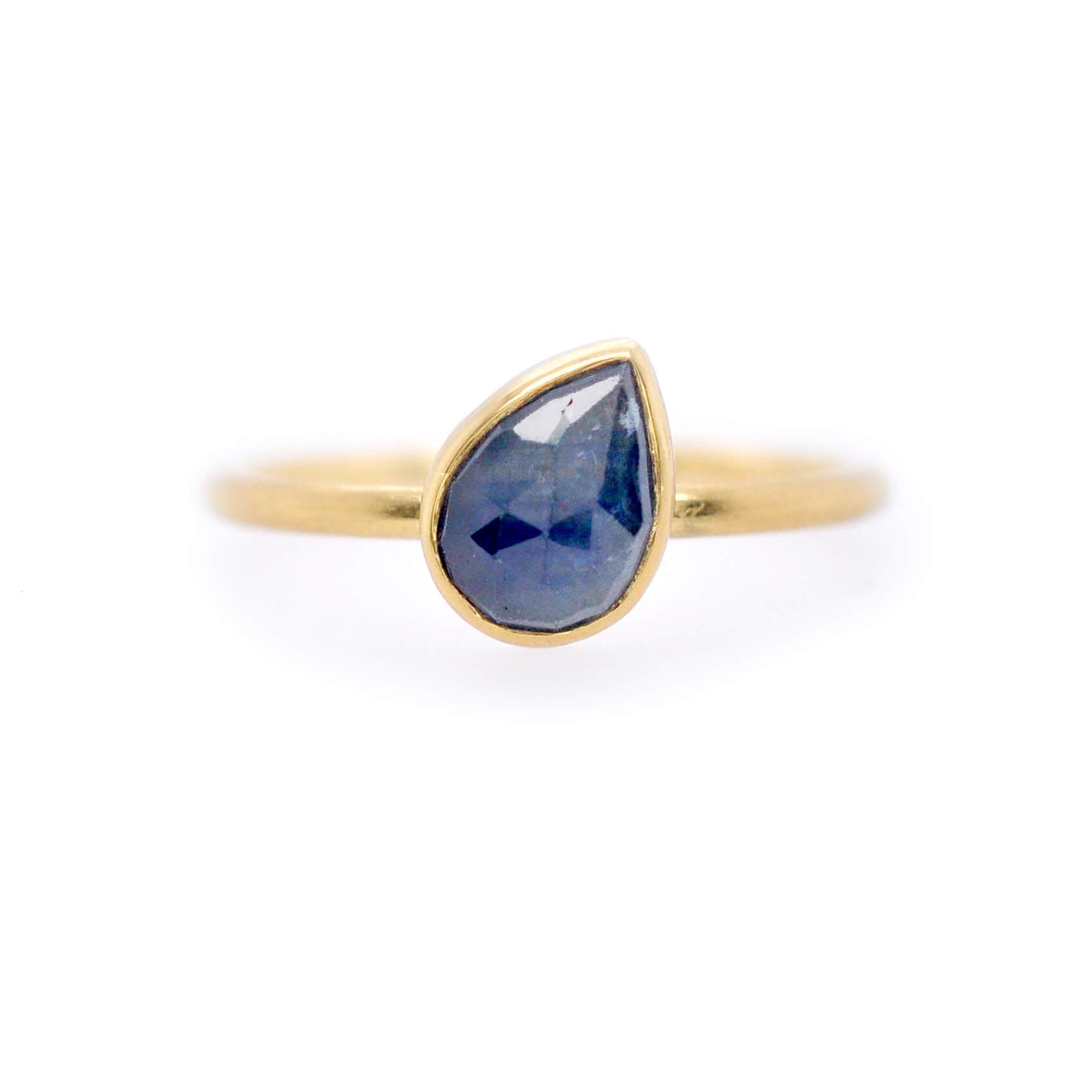 Blue rose cut sapphire set in 18k yellow gold. Handmade by EC Design Jewelry in Minneapolis, MN using recycled metal and conflict-free stone.