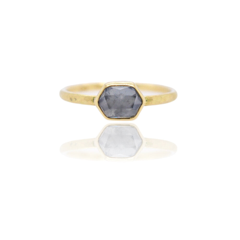 Blue rose cut hexagon sapphire set in 18k yellow gold. Handmade by EC Design in Minneapolis, MN using recycled metal and conflict-free stone. 