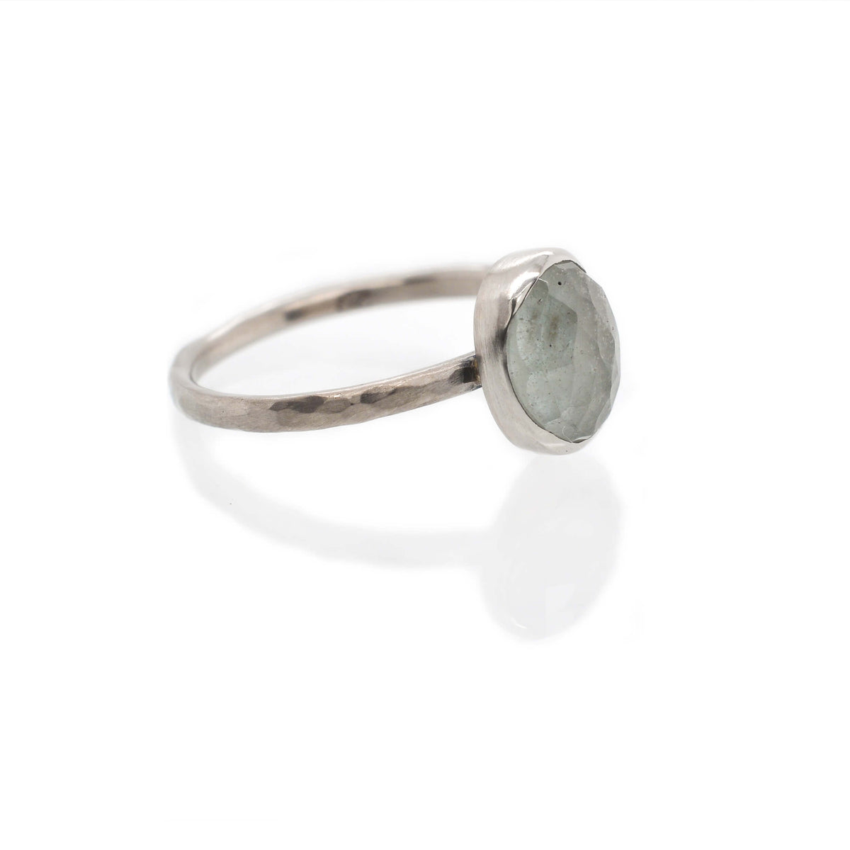 Gray rose cut sapphire in 500 palladium. Handmade by EC Design Studio in Minneapolis, MN using recycled metal and conflict-free stone.