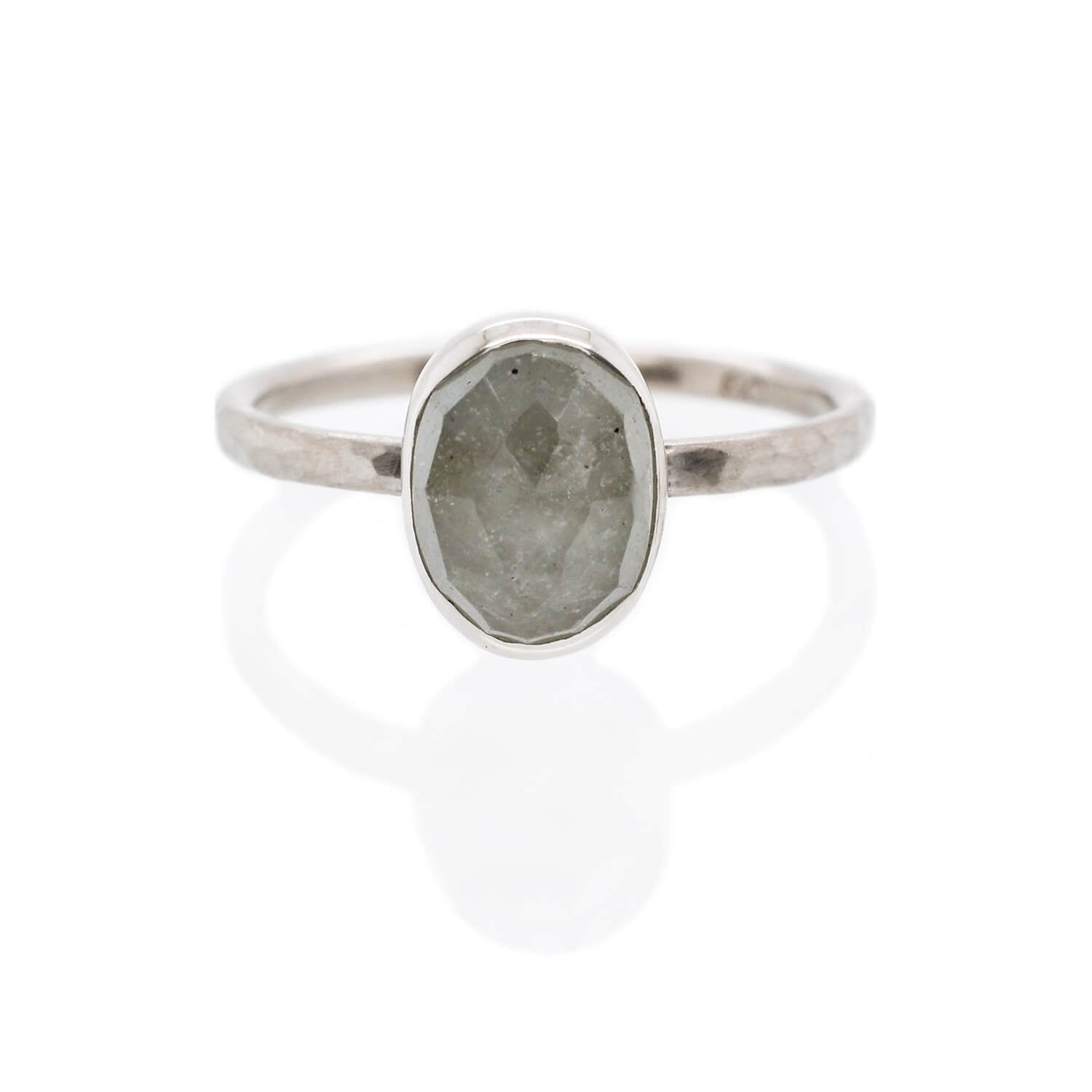 Gray rose cut sapphire in 500 palladium. Handmade by EC Design Jewelry in Minneapolis, MN using recycled metal and conflict-free stone.