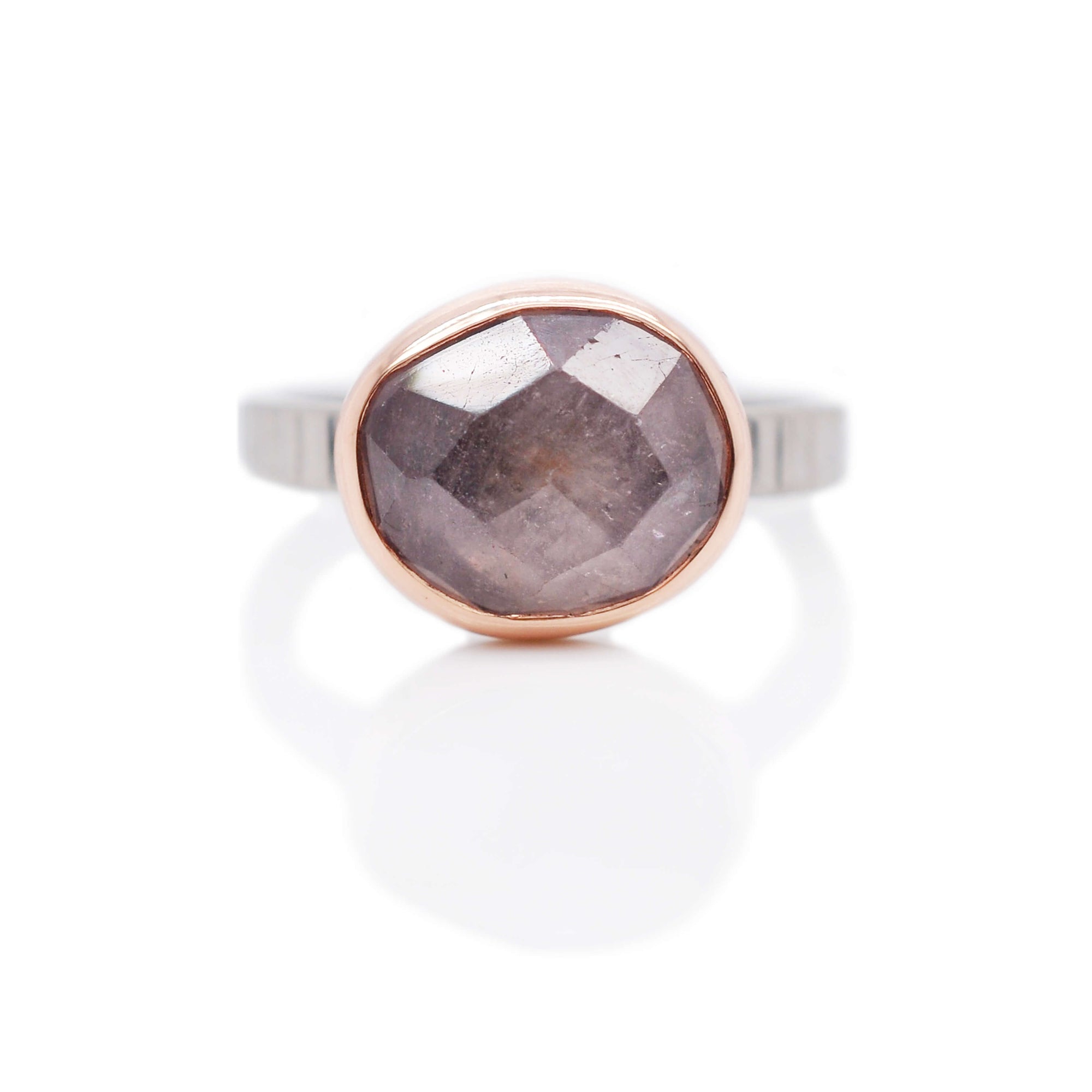 Pale Pink Oval Sapphire Ring in Linear Hammered Palladium and Rose Gold