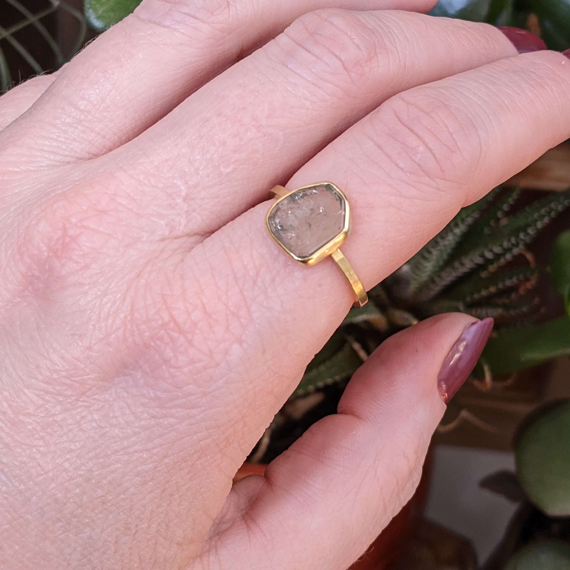 One of a kind sapphire slice ring in yellow gold. Handmade with Montana sapphire and recycled gold.