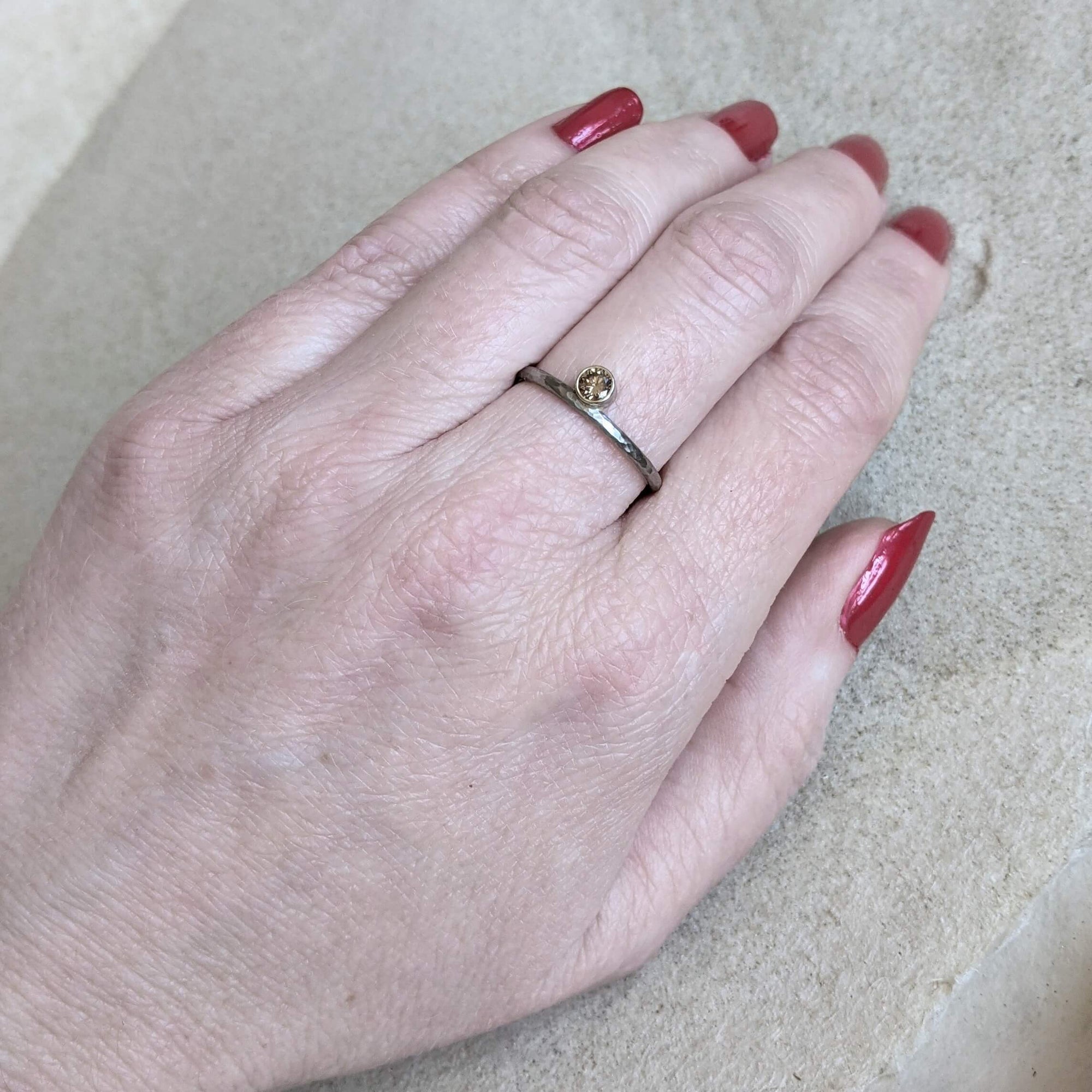 Offset champagne diamond stacking ring. Handmade by EC Design Jewelry in Minneapolis, MN.