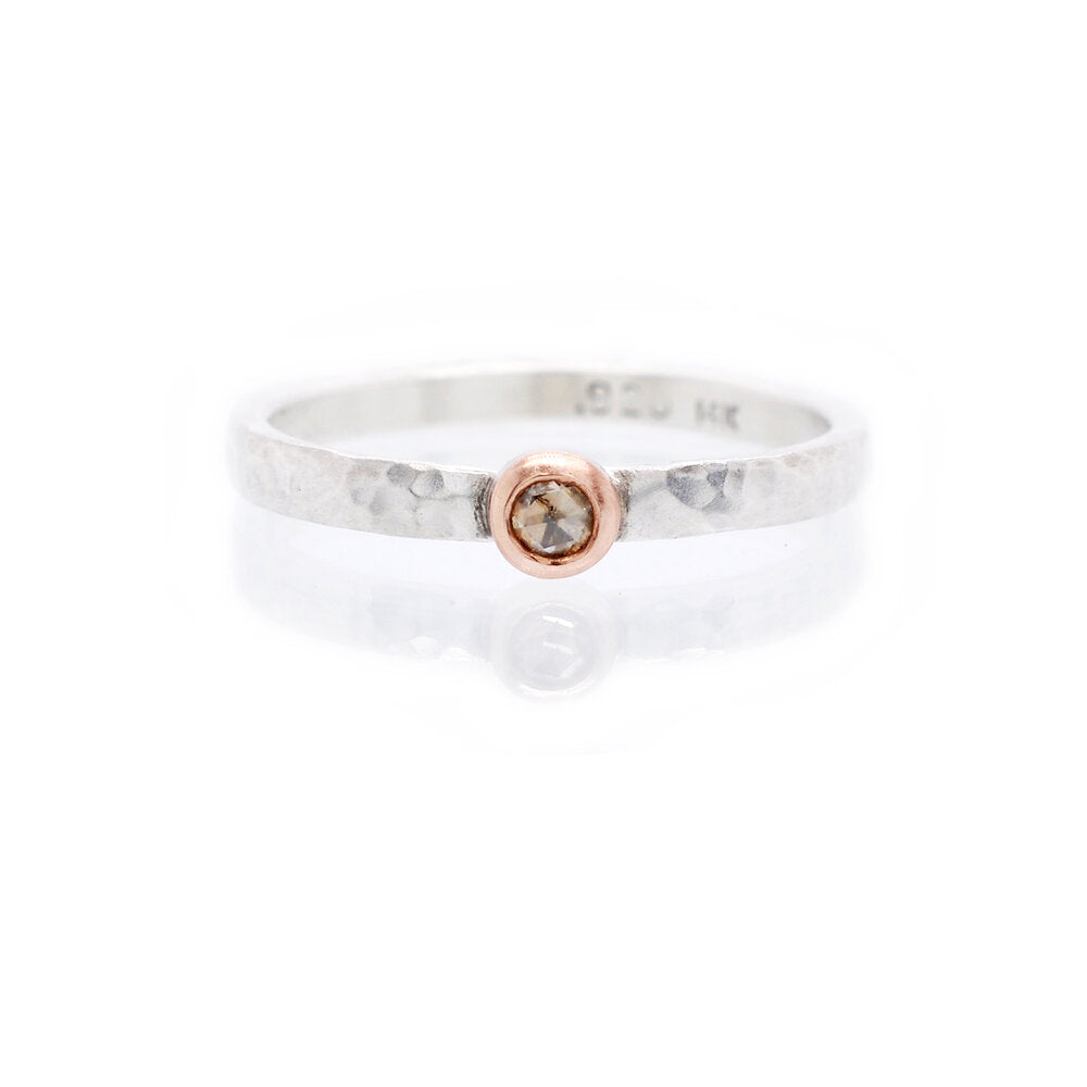 Silver and red gold stacking ring with champagne diamond. Handmade by EC Design Studio in Minneapolis, MN using recycled metal and conflict-free stone.