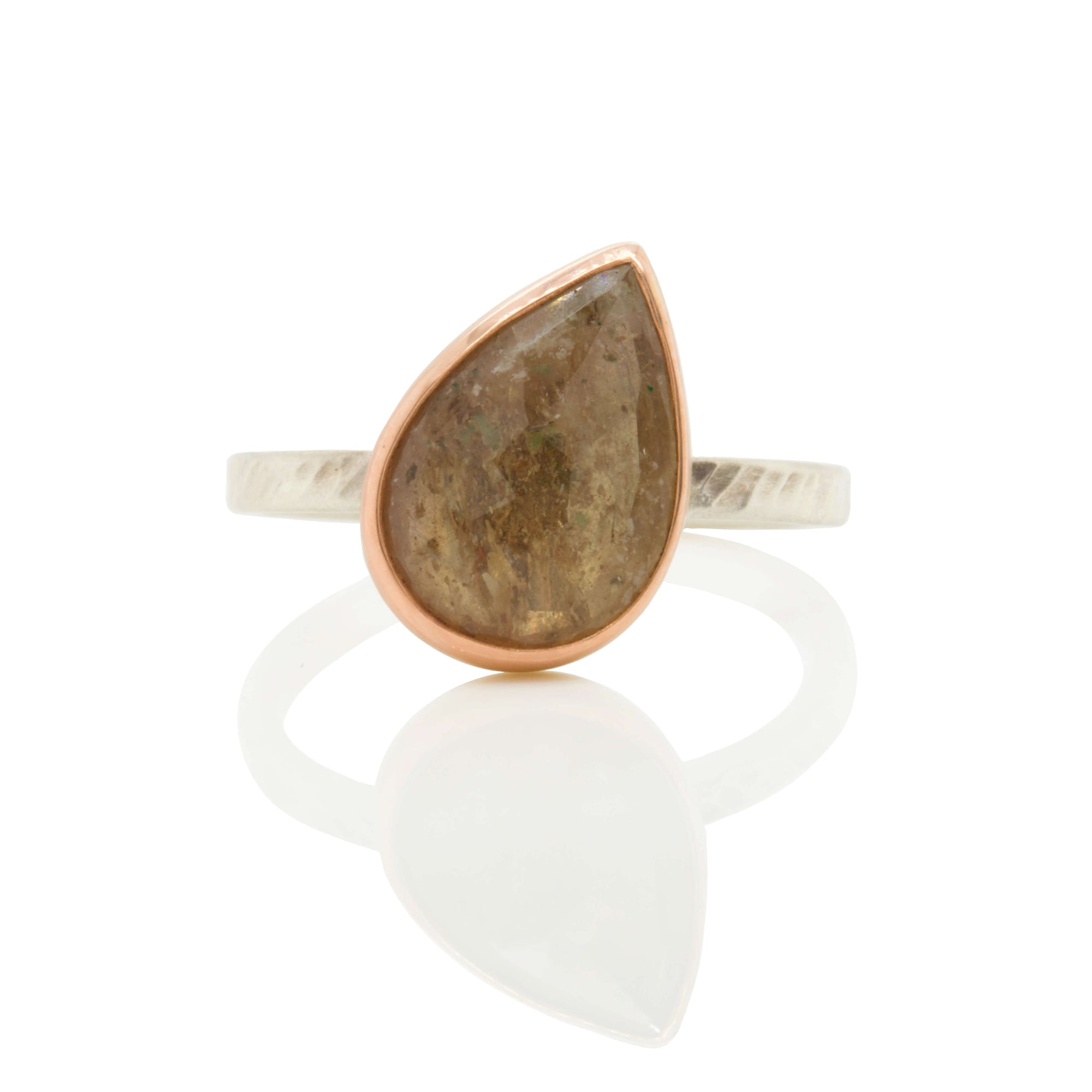 Rose Cut Peach Pear Shaped Sapphire Ring in Rose Gold and Silver