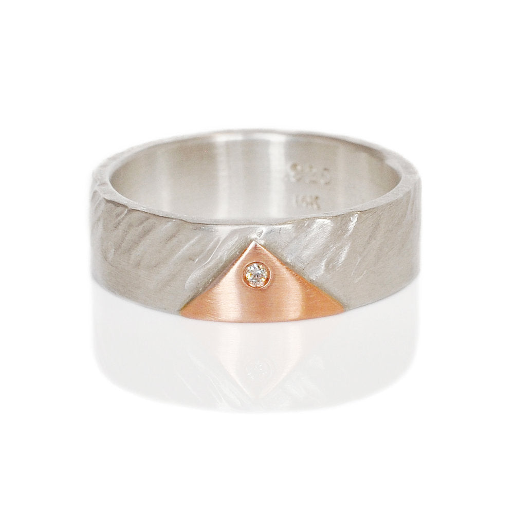 Sterling silver, red gold, and diamond band. Handmade by EC Design in Minneapolis, MN using recycled metal and conflict-free stone.