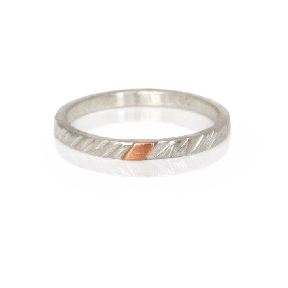 Handmade silver and red gold band. Made by EC Design Studio using recycled metals.
