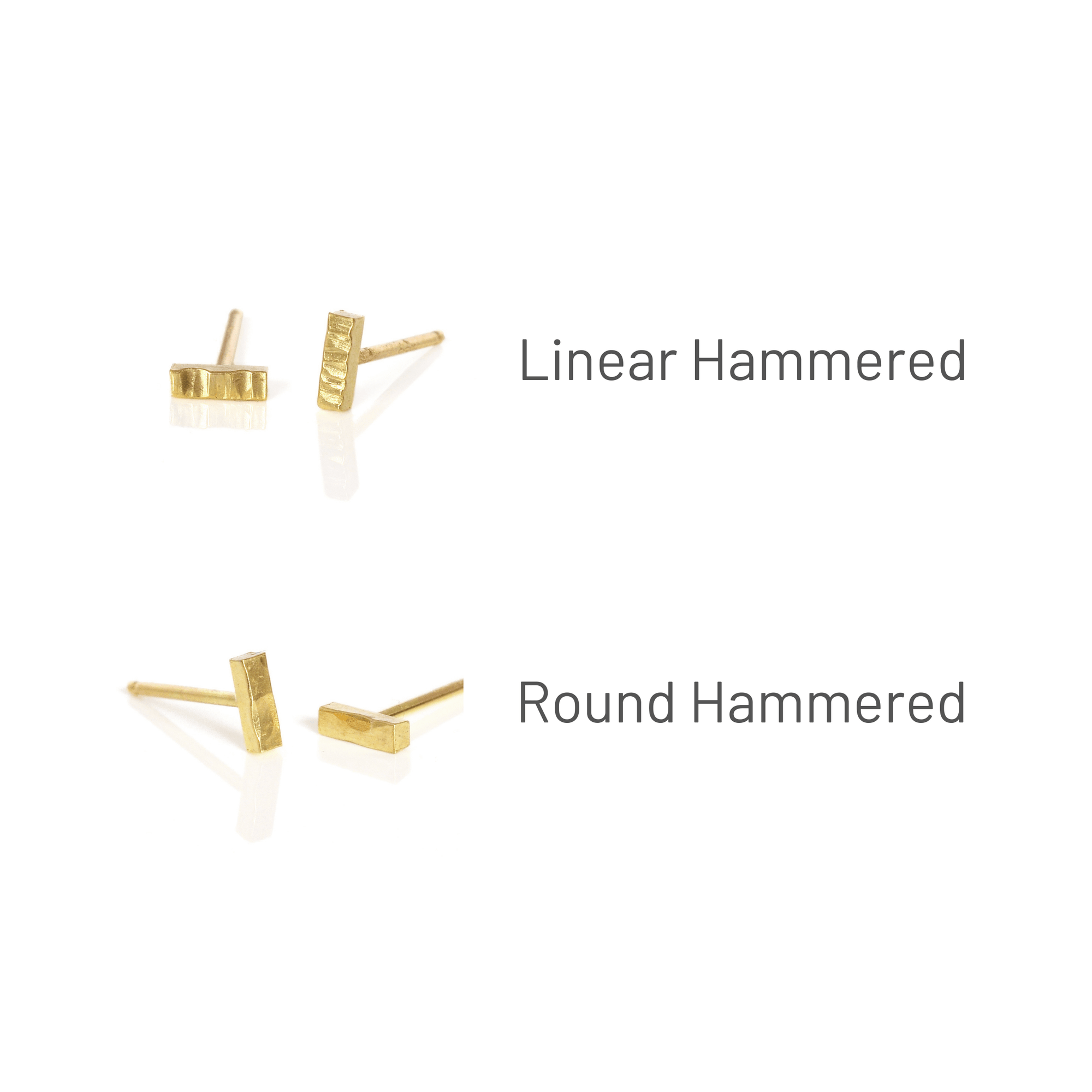 Linear and round hammered solid gold bar studs.