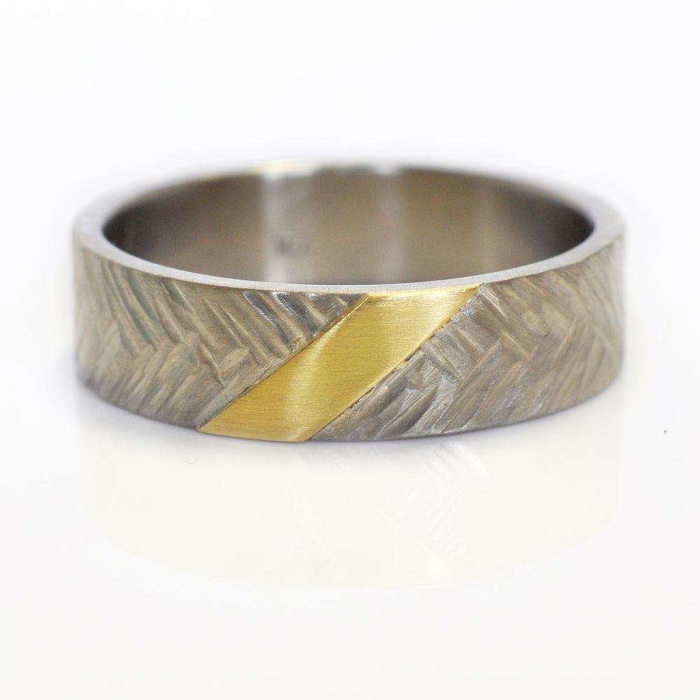 Hammered palladium and yellow gold wedding band. Handmade with recycled metal by EC Design Jewelry in Minneapolis, MN.